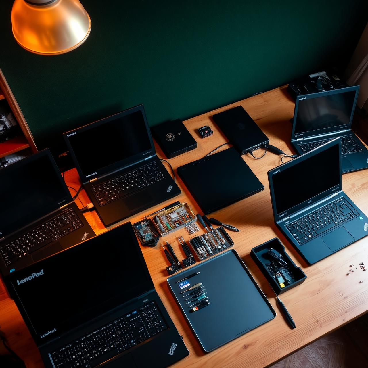The Laptop Garage workbench with ThinkPads being refurbished